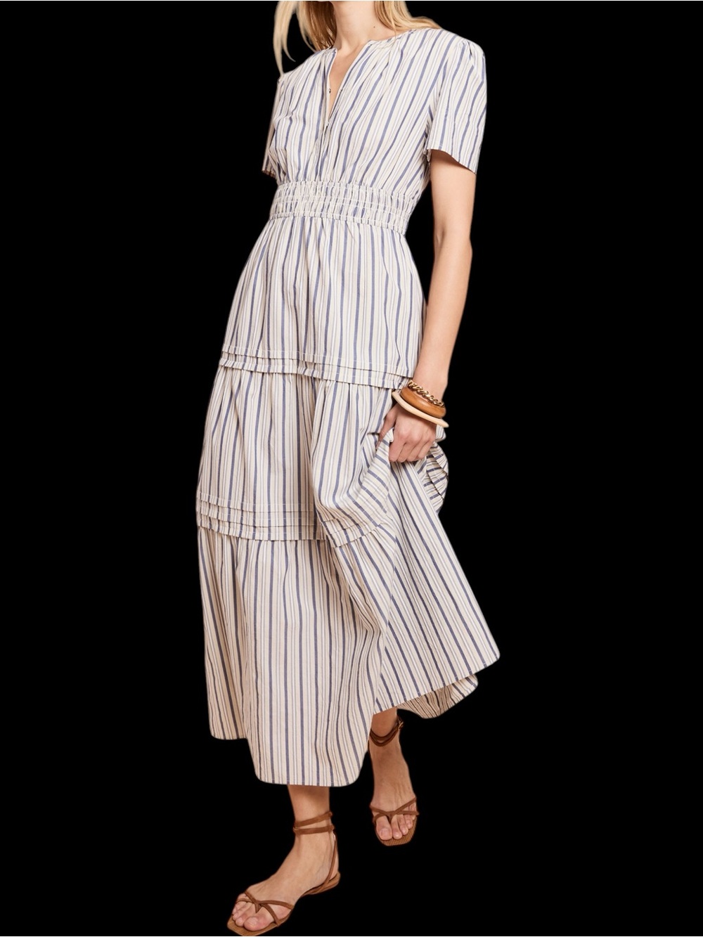 Caara Few Moda Aruna Cotton Dress Striped Smocked-Waist Tiered Midi Cream Blue